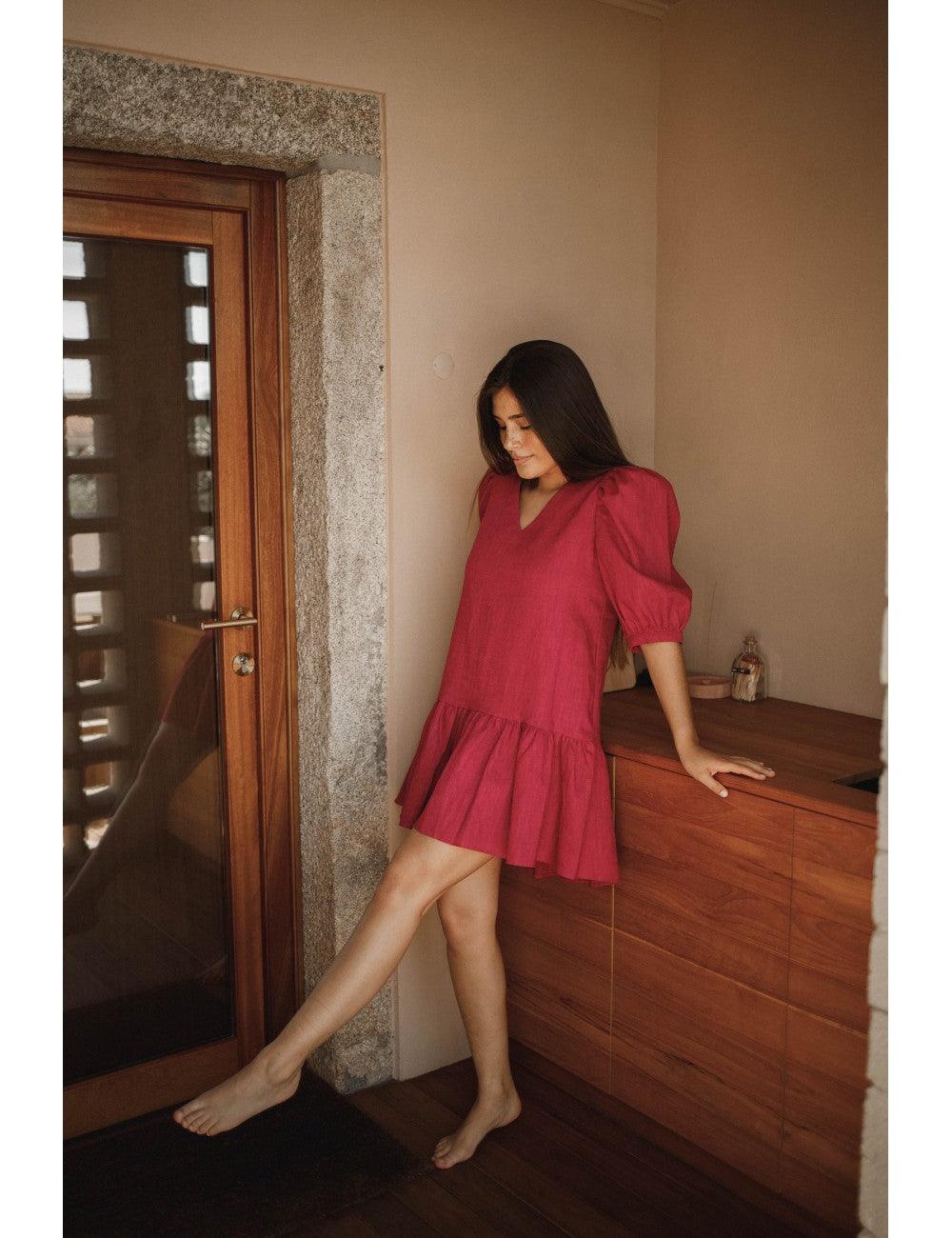 Paola Short Dress Linen | Fuchsia - Fluffy Feet