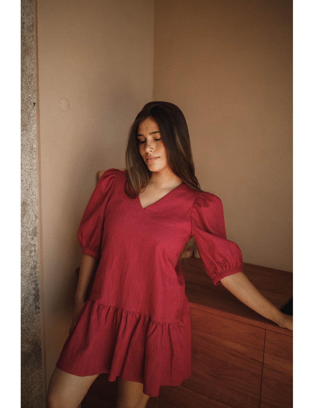 Paola Short Dress Linen | Fuchsia - Fluffy Feet
