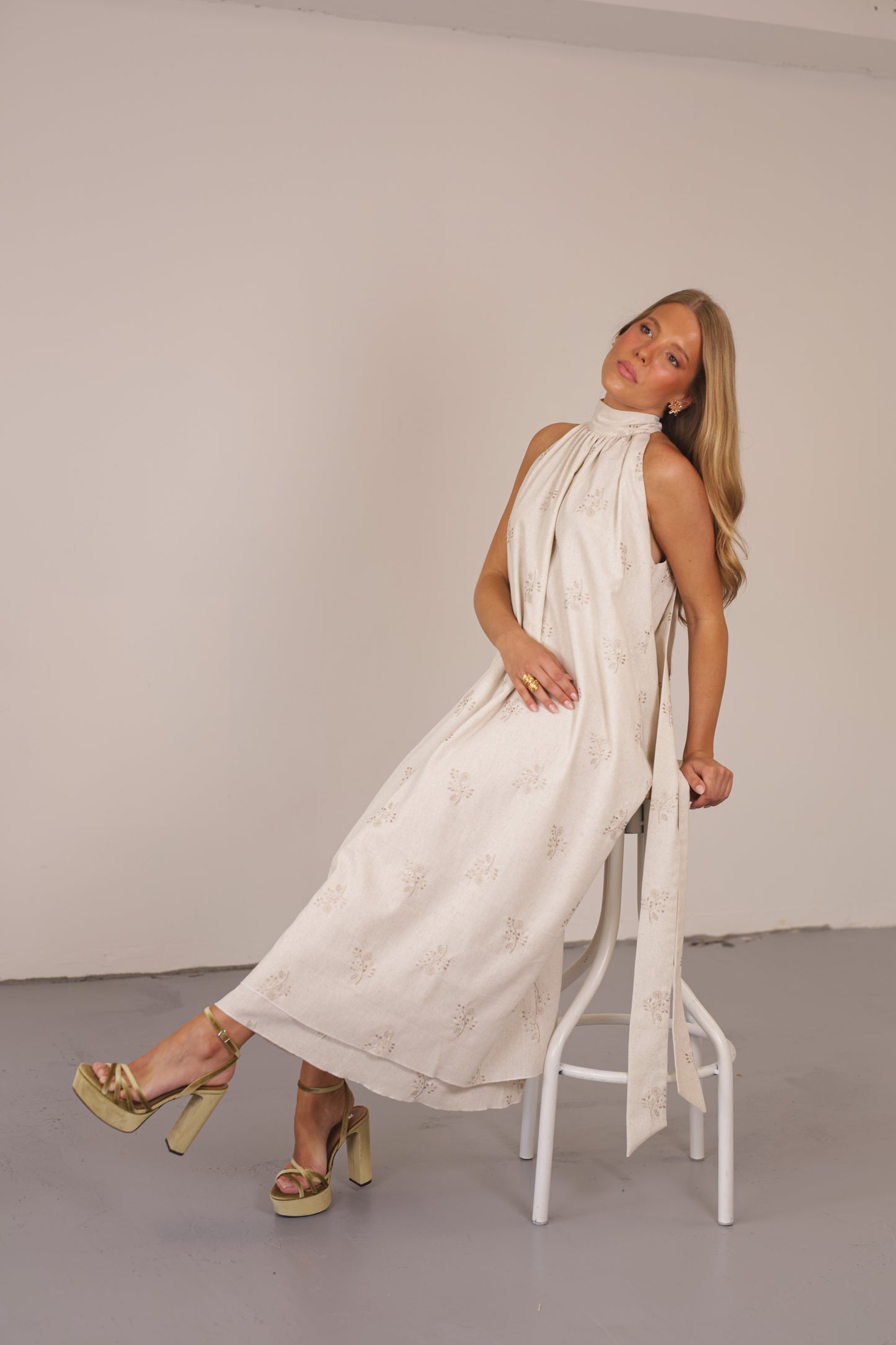 Liry Long Dress Natural Embroidery Linen