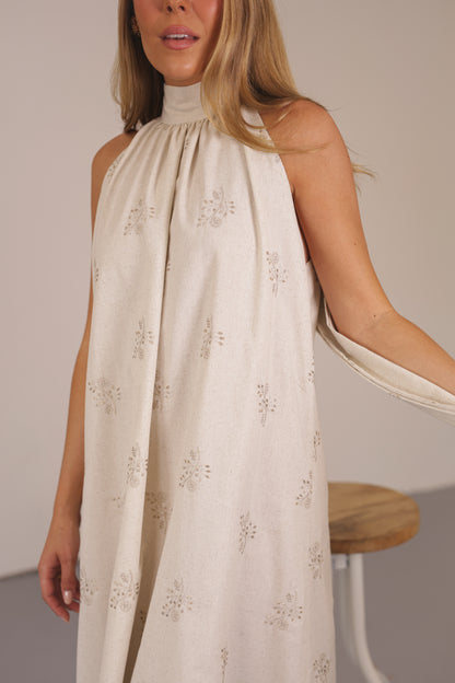 Liry Long Dress Natural Embroidery Linen