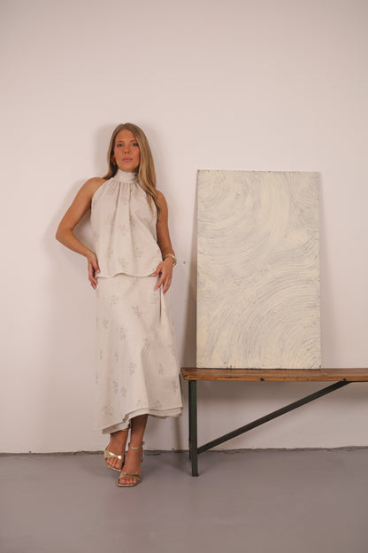 Selina Skirt Natural Embroidery Linen