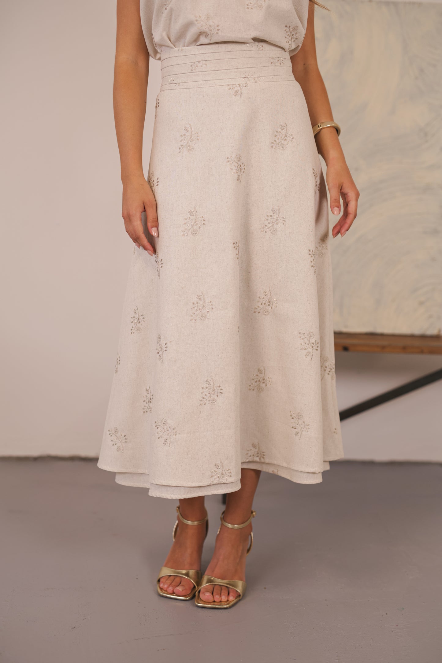 Selina Skirt Natural Embroidery Linen