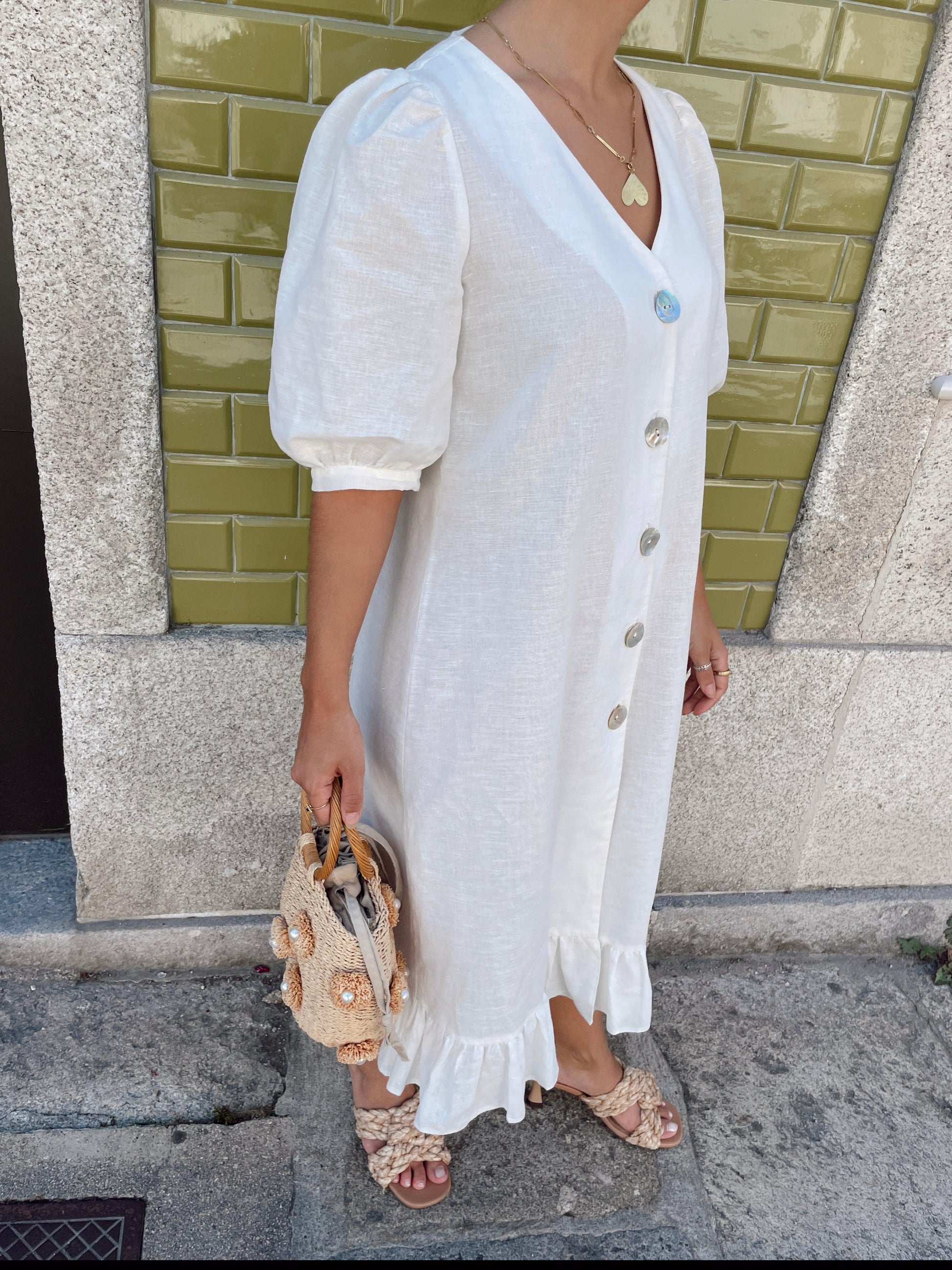 Dora Dress | White Linen - Fluffy Feet 