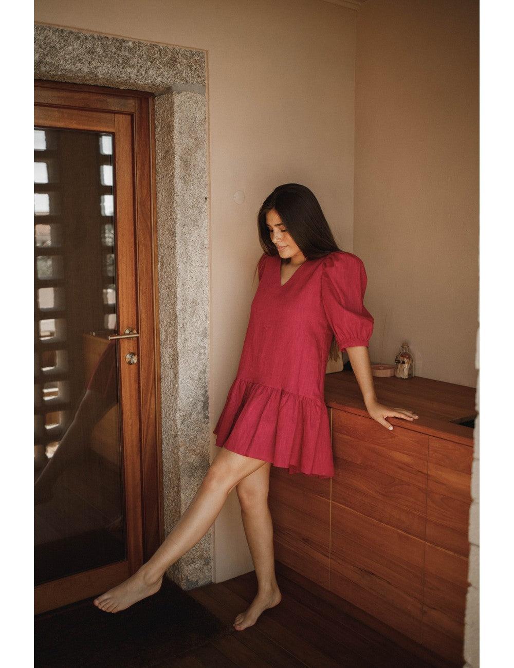 Paola Short Dress Linen | Fuchsia
